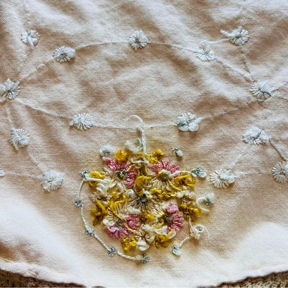 Vintage Round Embroidered Table Topper with Crochet Trim – 37”x34”